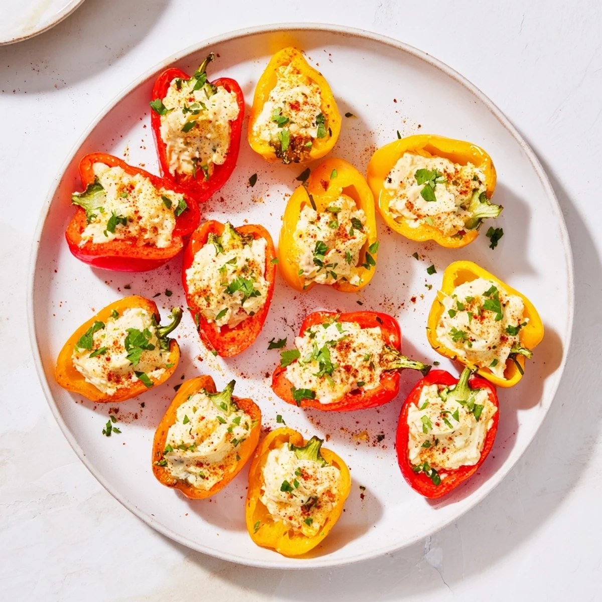 Colorful mini sweet peppers filled with creamy cheese mixture after air frying until tender