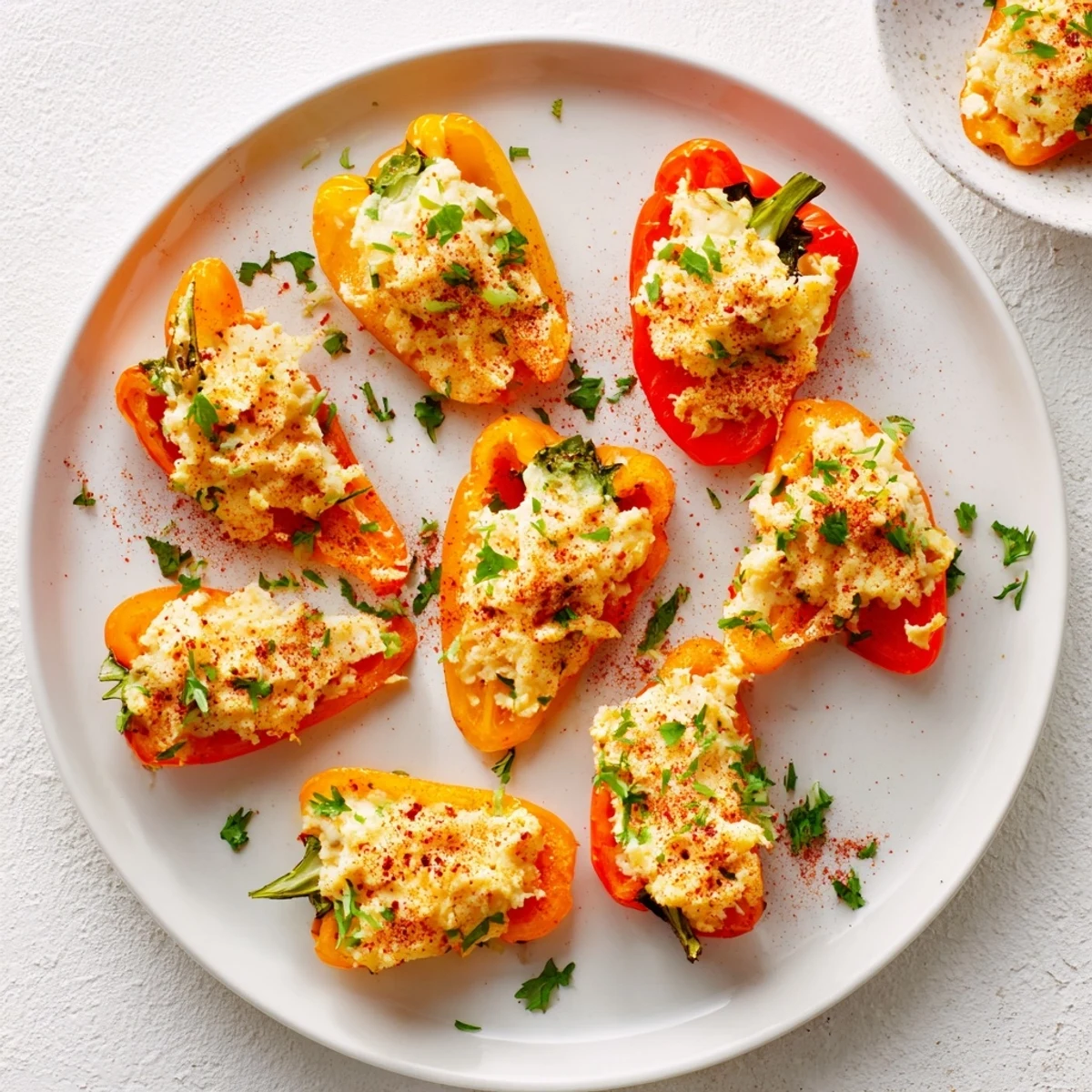 Delicious cream cheese stuffed mini peppers garnished with fresh parsley and smoked paprika