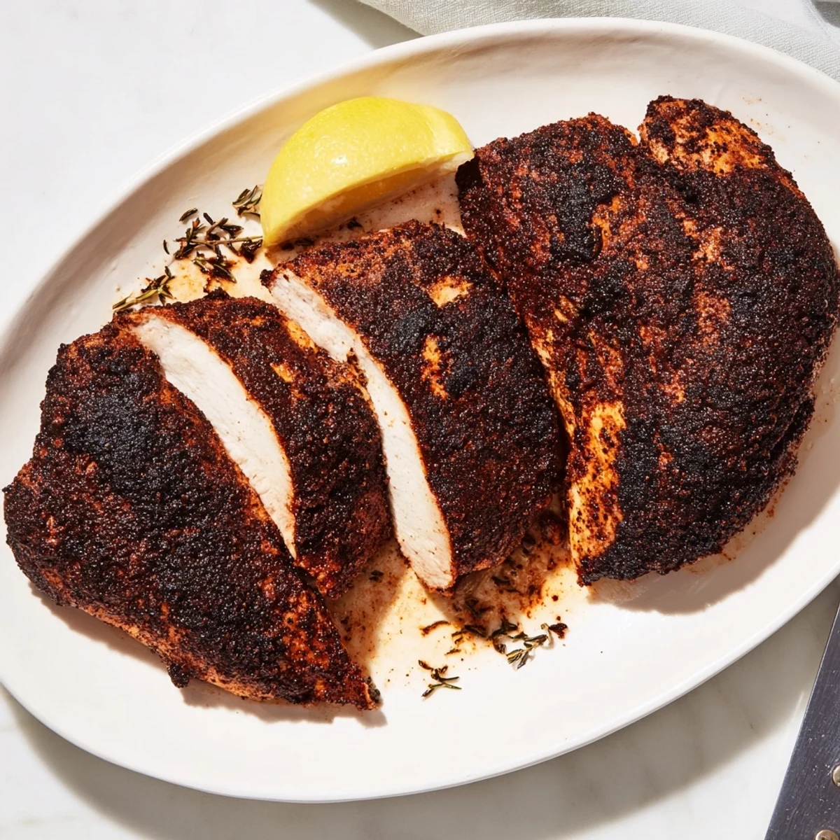 Golden seared blackened chicken breast with dark spicy crust and juicy tender meat