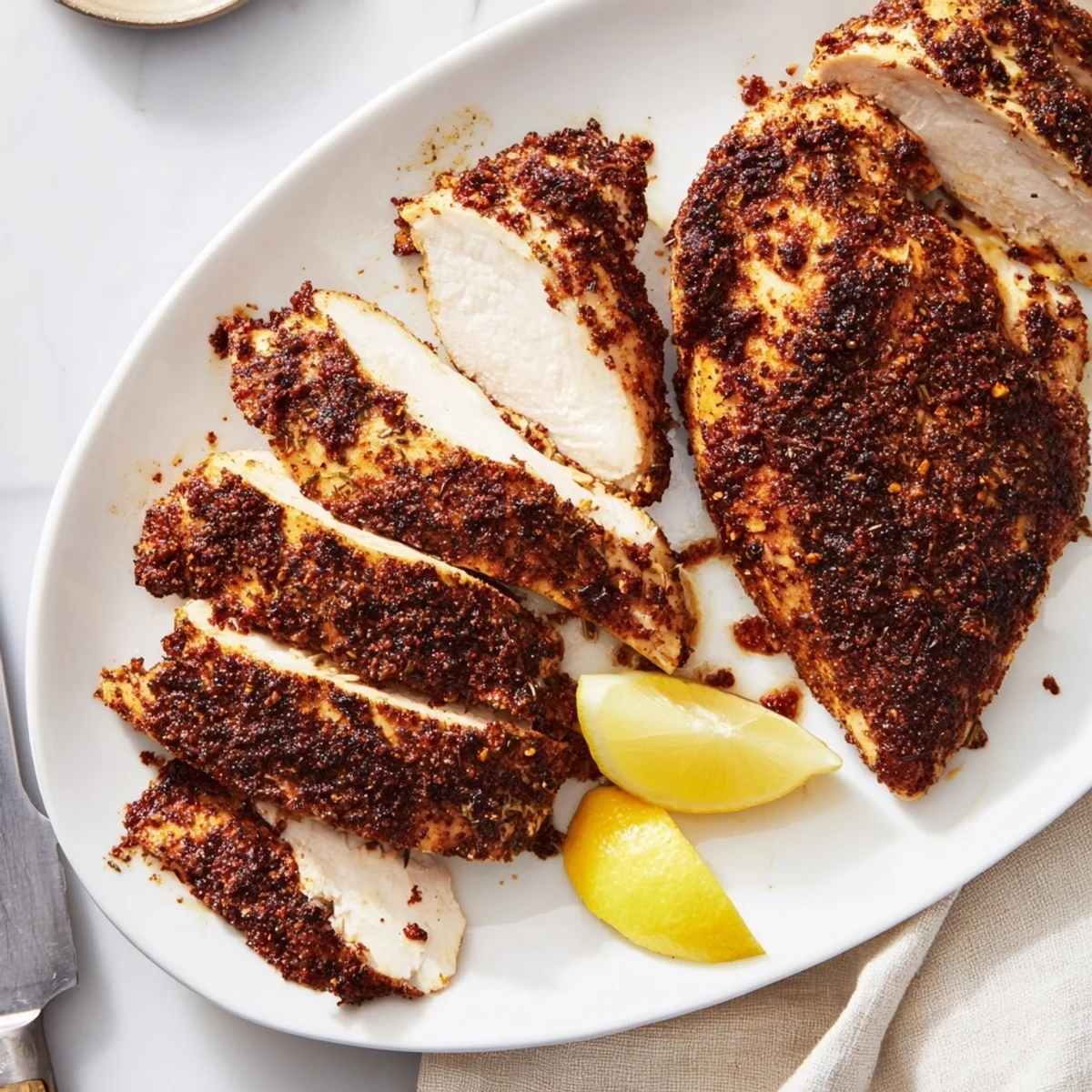 Crispy Cajun seasoned blackened chicken resting on a white plate with fresh lemon wedges