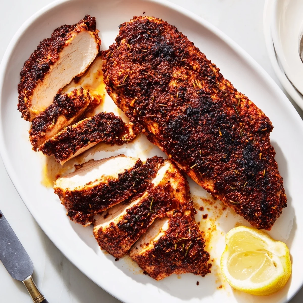 Perfectly cooked blackened chicken slices showing the smoky dark spice coating and moist interior