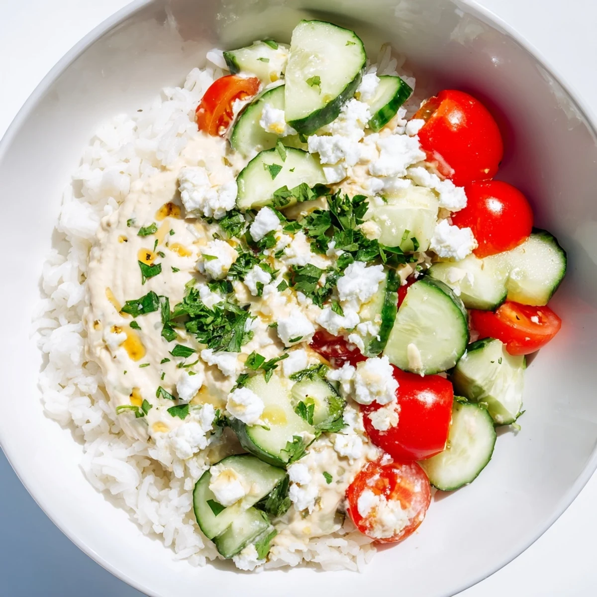 Golden Mediterranean rice bowl with crisp vegetables and creamy lemon-tahini drizzle