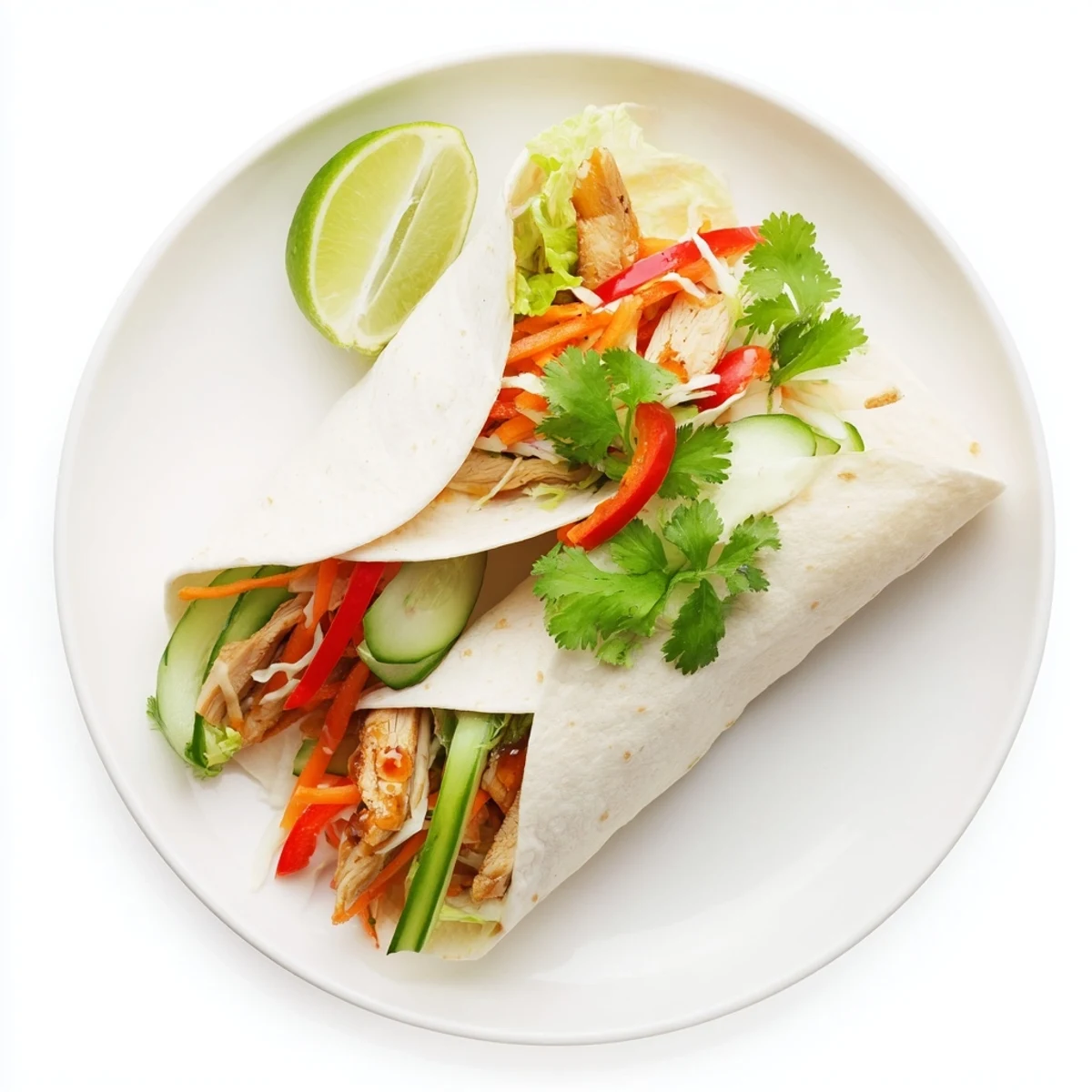 Golden sweet chili chicken wraps stuffed with crisp lettuce, colorful vegetables, and creamy sauce in soft flour tortillas