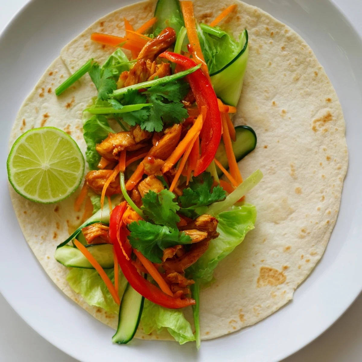 Hand-rolled sweet chili chicken wraps featuring juicy marinated meat, julienned carrots, peppers, and fresh cilantro garnish
