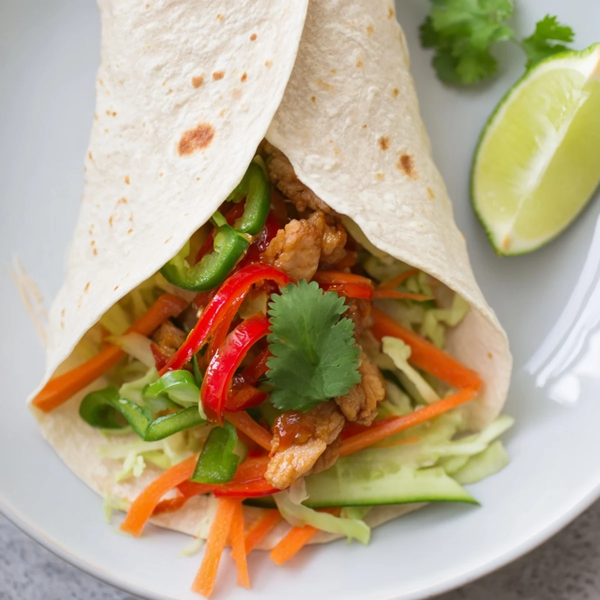 Slice of sweet chili chicken wrap revealing tender glazed chicken strips with crunchy cucumber and red bell pepper filling