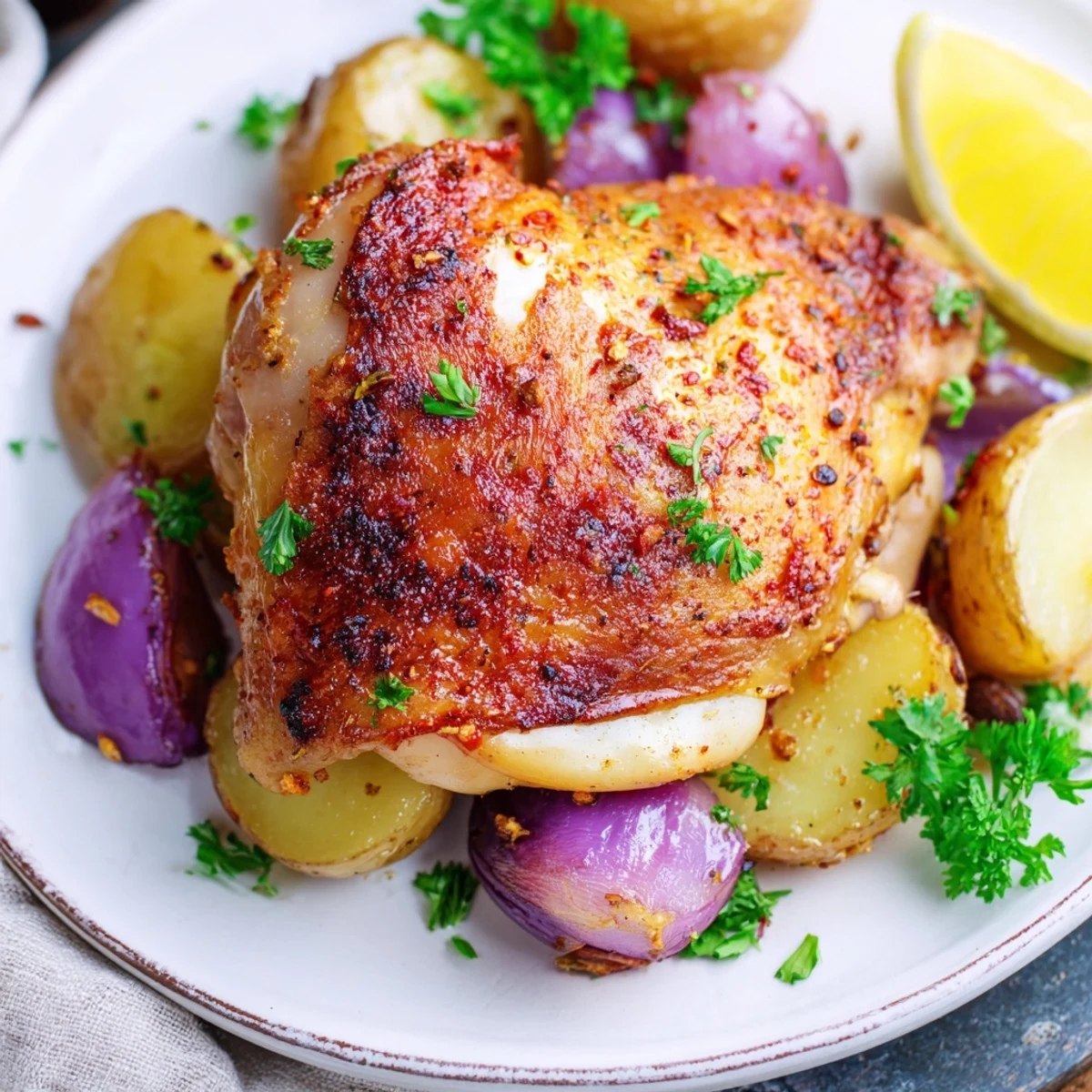 Golden sheet pan chicken and potatoes roasted with red peppers and onions until crispy and tender