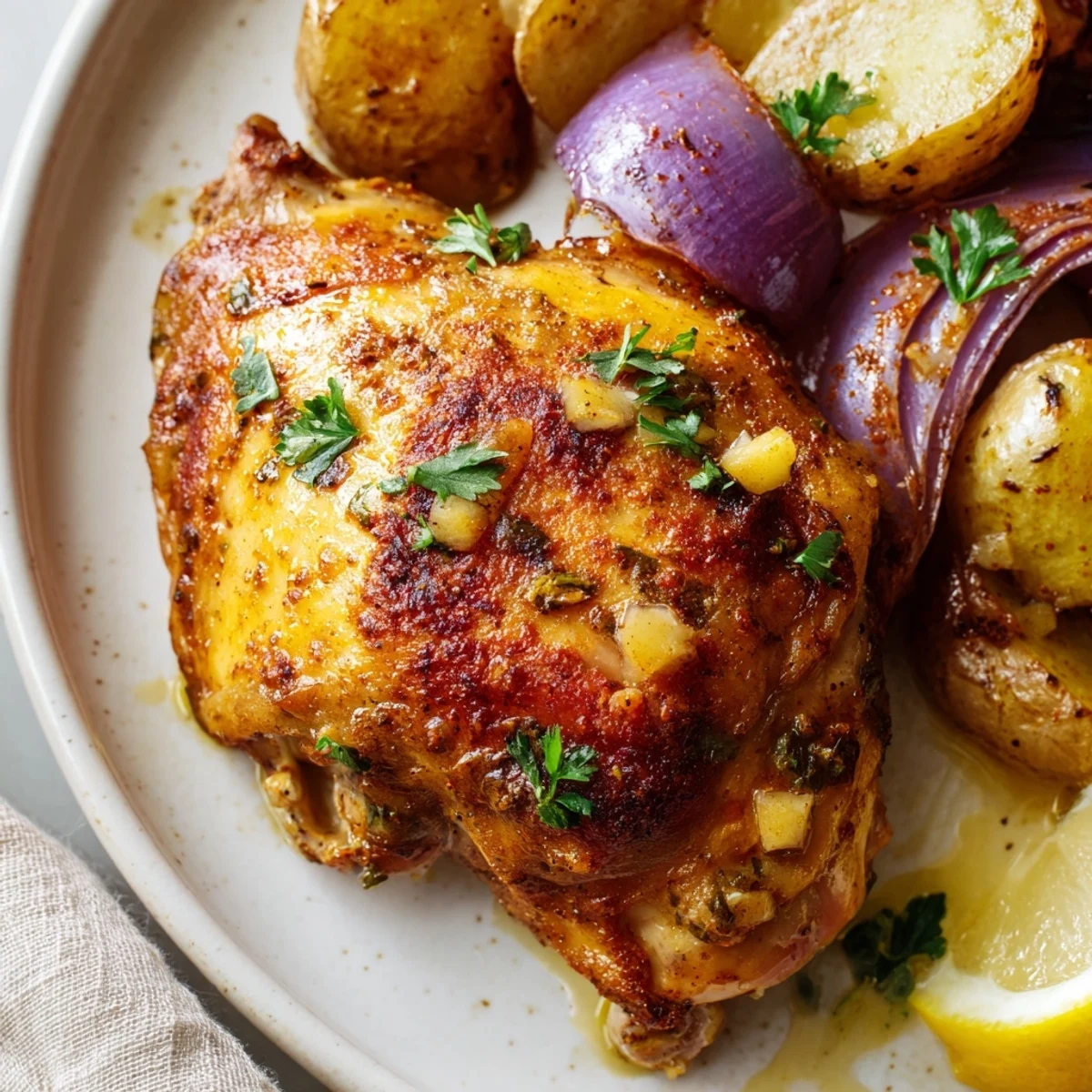 Juicy chicken thighs nestled among baby potatoes and vegetables on a large baking sheet with fresh herbs