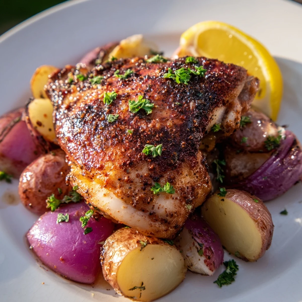 Succulent sheet pan chicken and potatoes dinner with caramelized vegetables and parsley garnish on a parchment-lined baking sheet