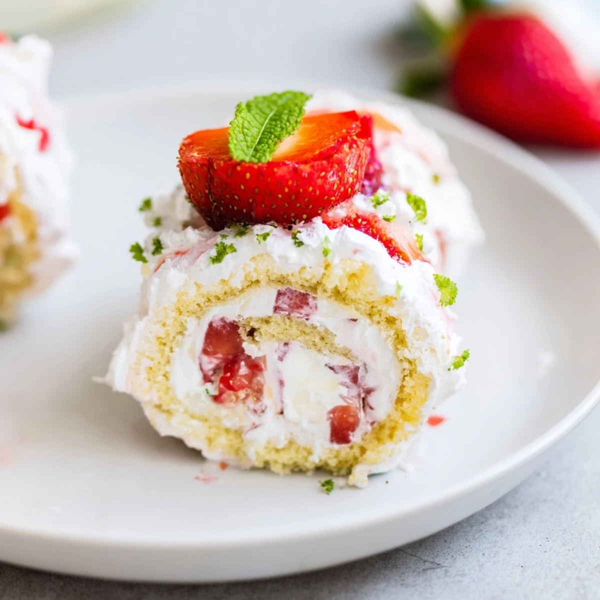 Playful strawberry shortcake sushi rolls featuring vanilla cake, fresh strawberries, and fluffy whipped cream filling