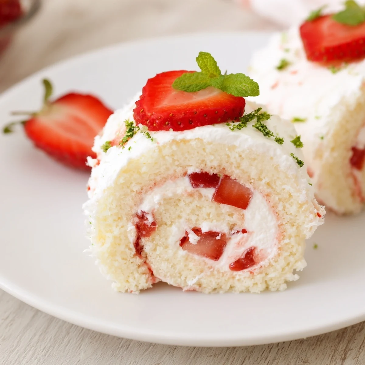Dessert sushi with sweet strawberries and cream rolled inside tender vanilla cake slices