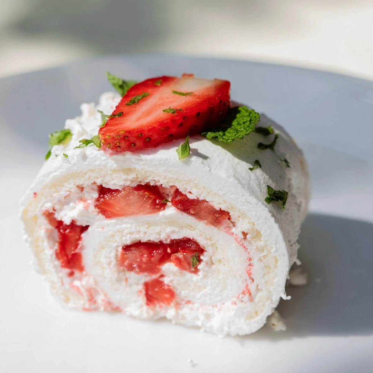 Fusion strawberry shortcake sushi bites topped with fresh strawberry slices on a white plate