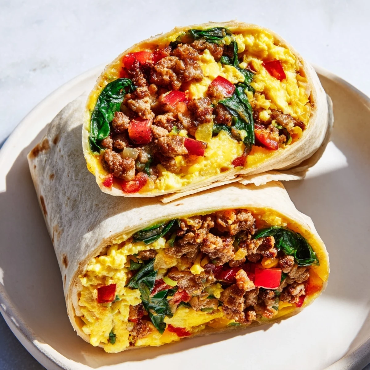 Golden make-ahead breakfast burritos filled with scrambled eggs, cheese, sausage, and colorful vegetables