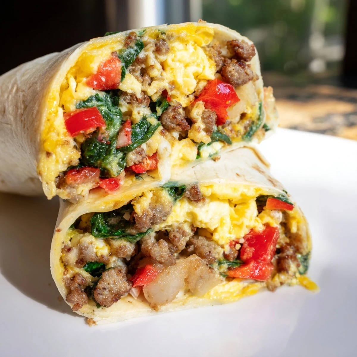 Warm flour tortilla wraps stuffed with savory egg and sausage mixture for easy breakfast meal prep