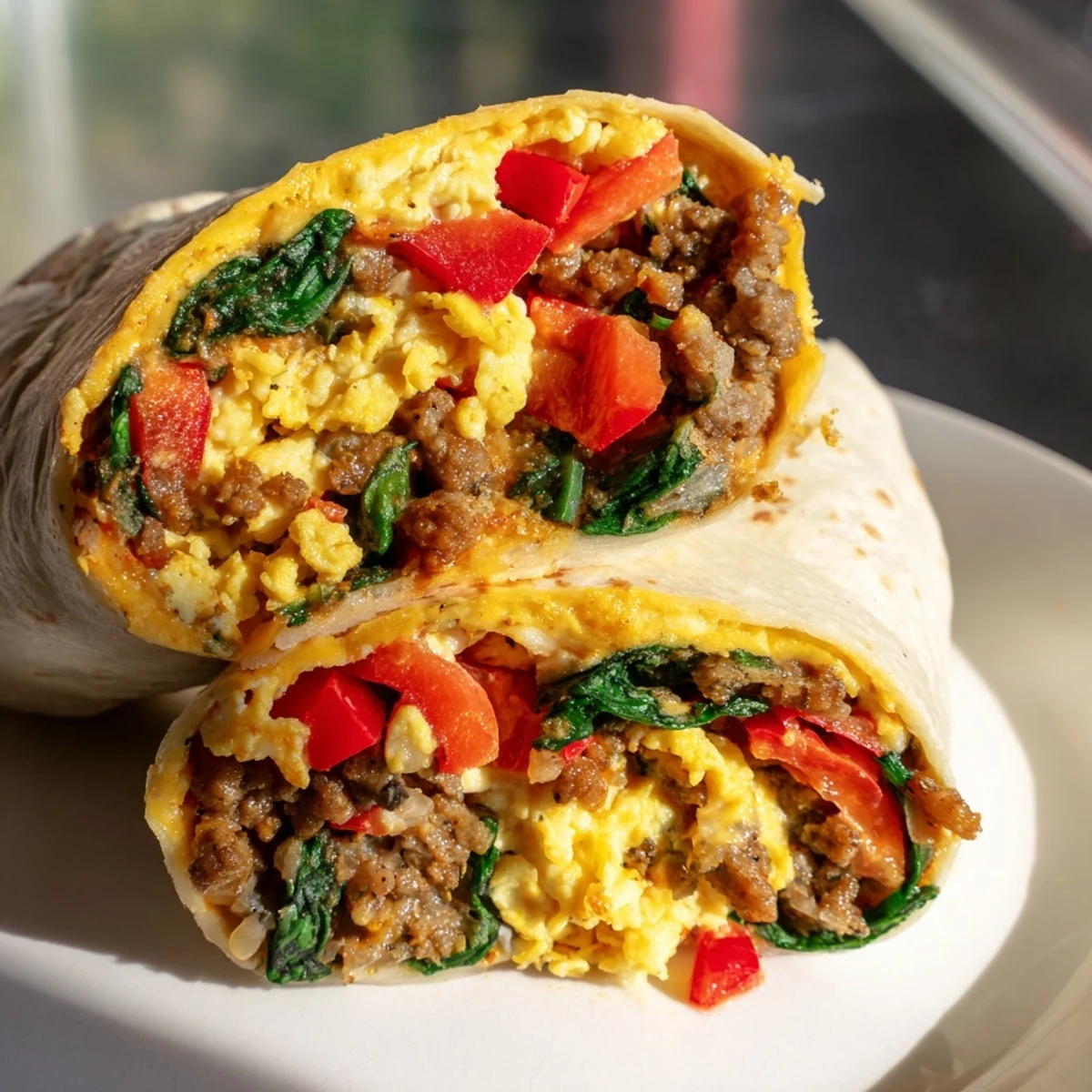 Hearty breakfast burritos loaded with fluffy eggs, melted cheddar cheese, and crumbled breakfast sausage