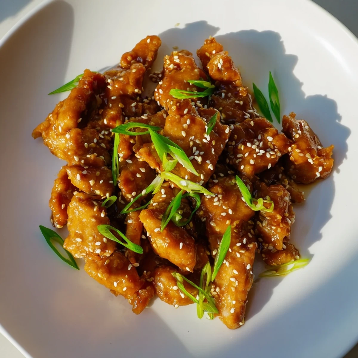 Crispy chicken thighs tossed in sweet savory Mongolian sauce with sesame seed garnish