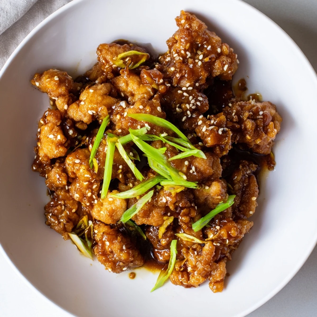 Golden brown Mongolian chicken pieces coated in a rich, glossy soy ginger sauce