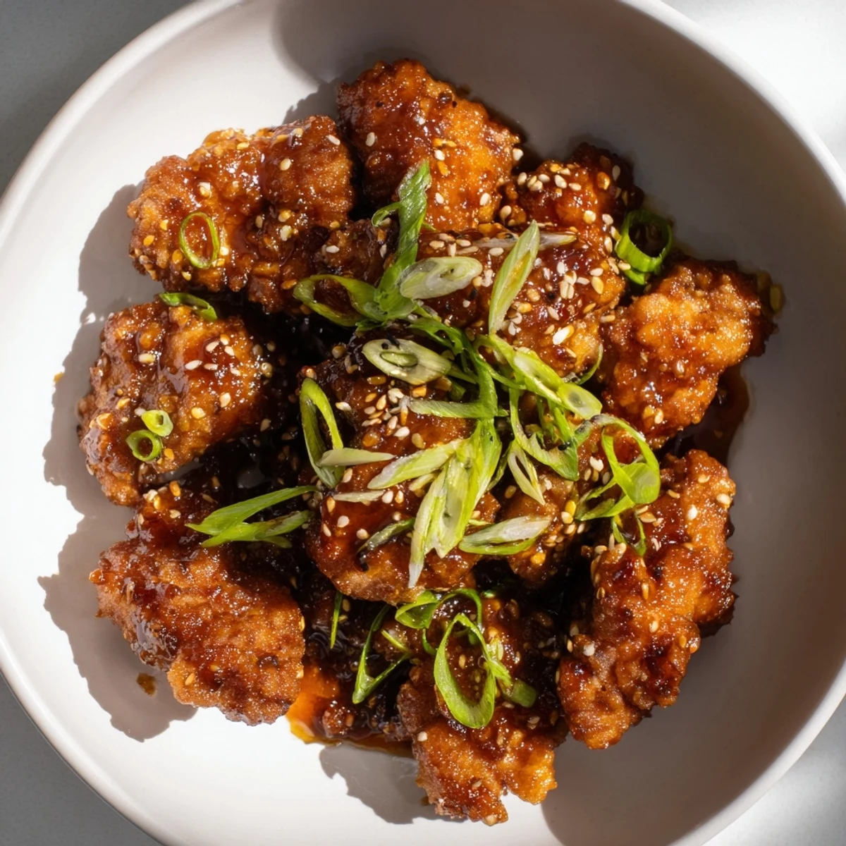 Steaming white rice bowl topped with saucy Mongolian chicken and fresh green onions