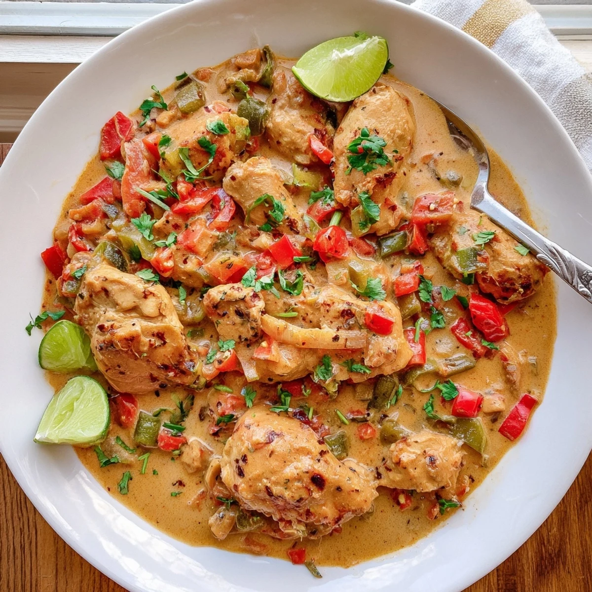 Golden chicken pieces simmer in rich spicy Brazilian coconut sauce with colorful peppers