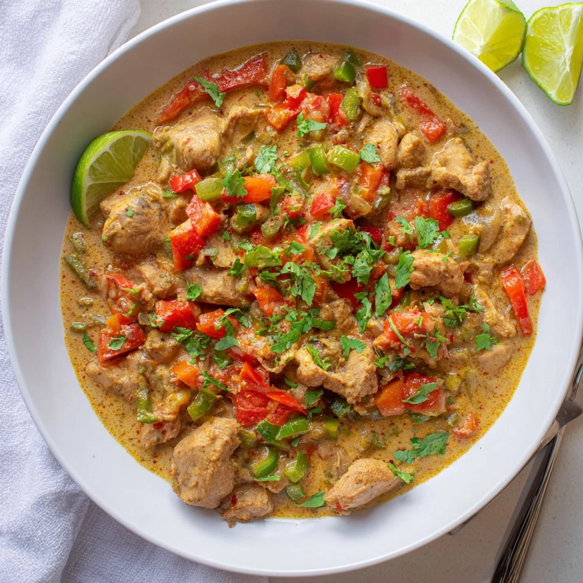 Creamy coconut milk chicken stew topped with fresh cilantro and lime wedges