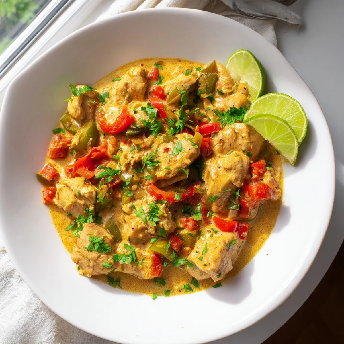 Savory spicy Brazilian coconut chicken served in a bowl over steamed white rice