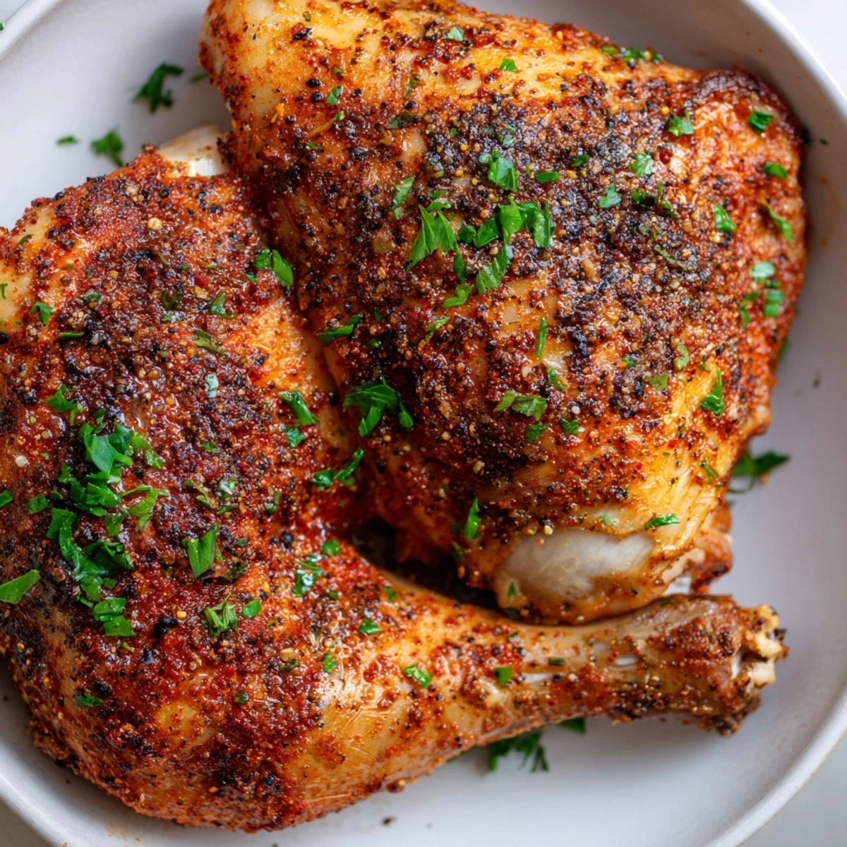 Golden oven roasted baked chicken leg quarters with crispy seasoned skin on a wire rack