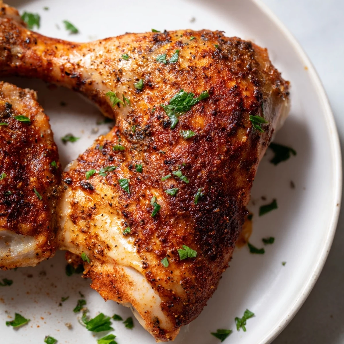 Juicy baked chicken leg quarters arranged on a platter garnished with fresh parsley and lemon