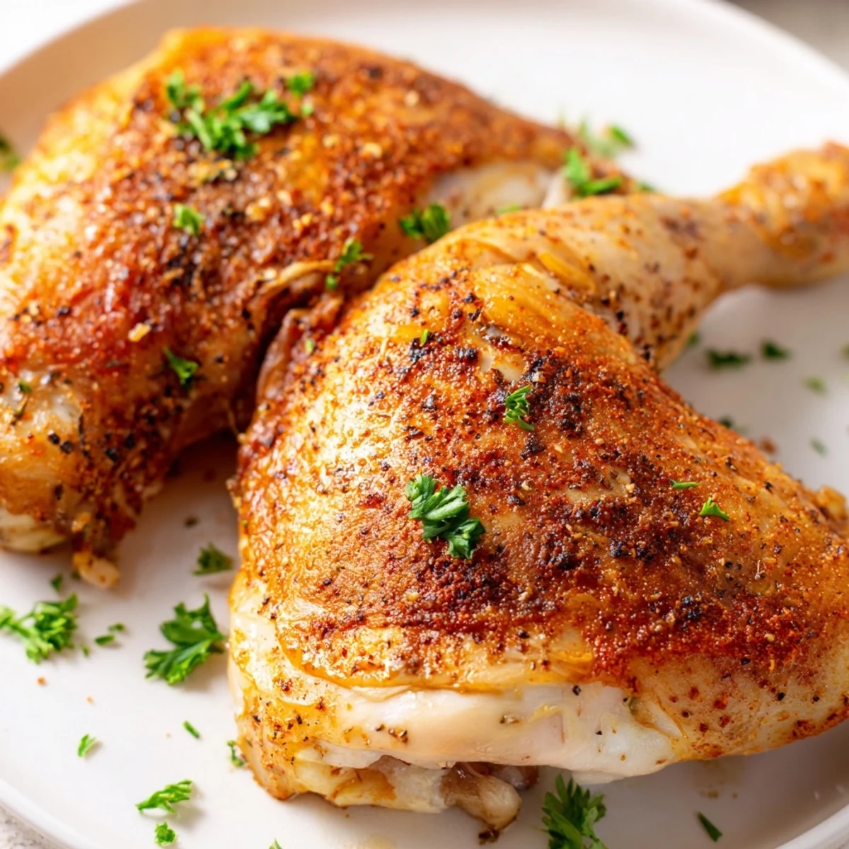 Four perfectly seasoned baked chicken leg quarters displaying deep golden brown crispy skin after roasting