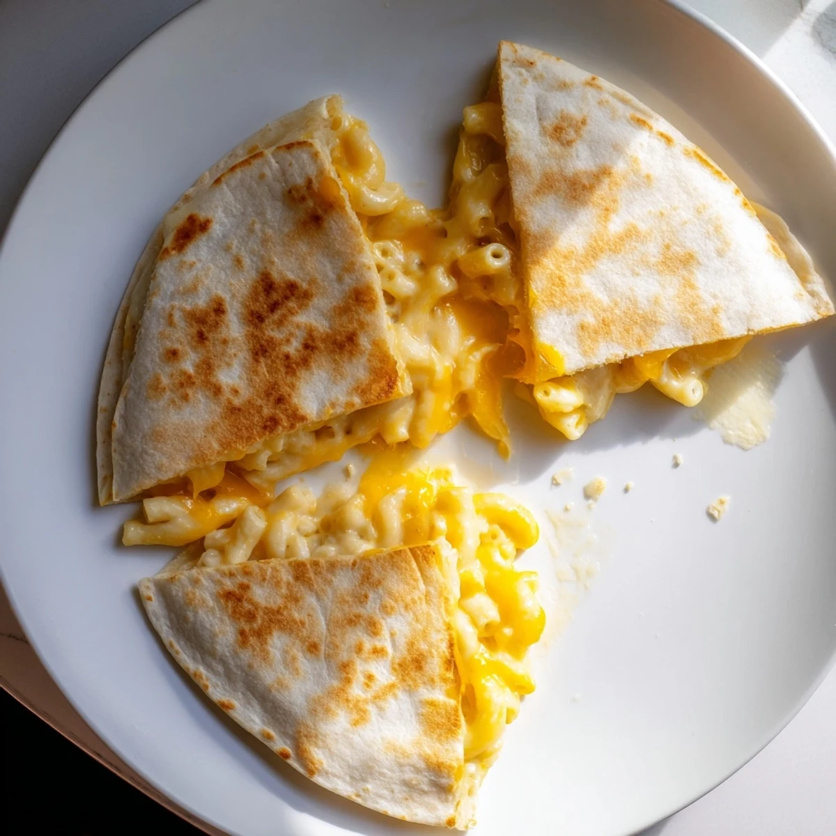 Golden crispy mac and cheese quesadilla cut into wedges on a white plate