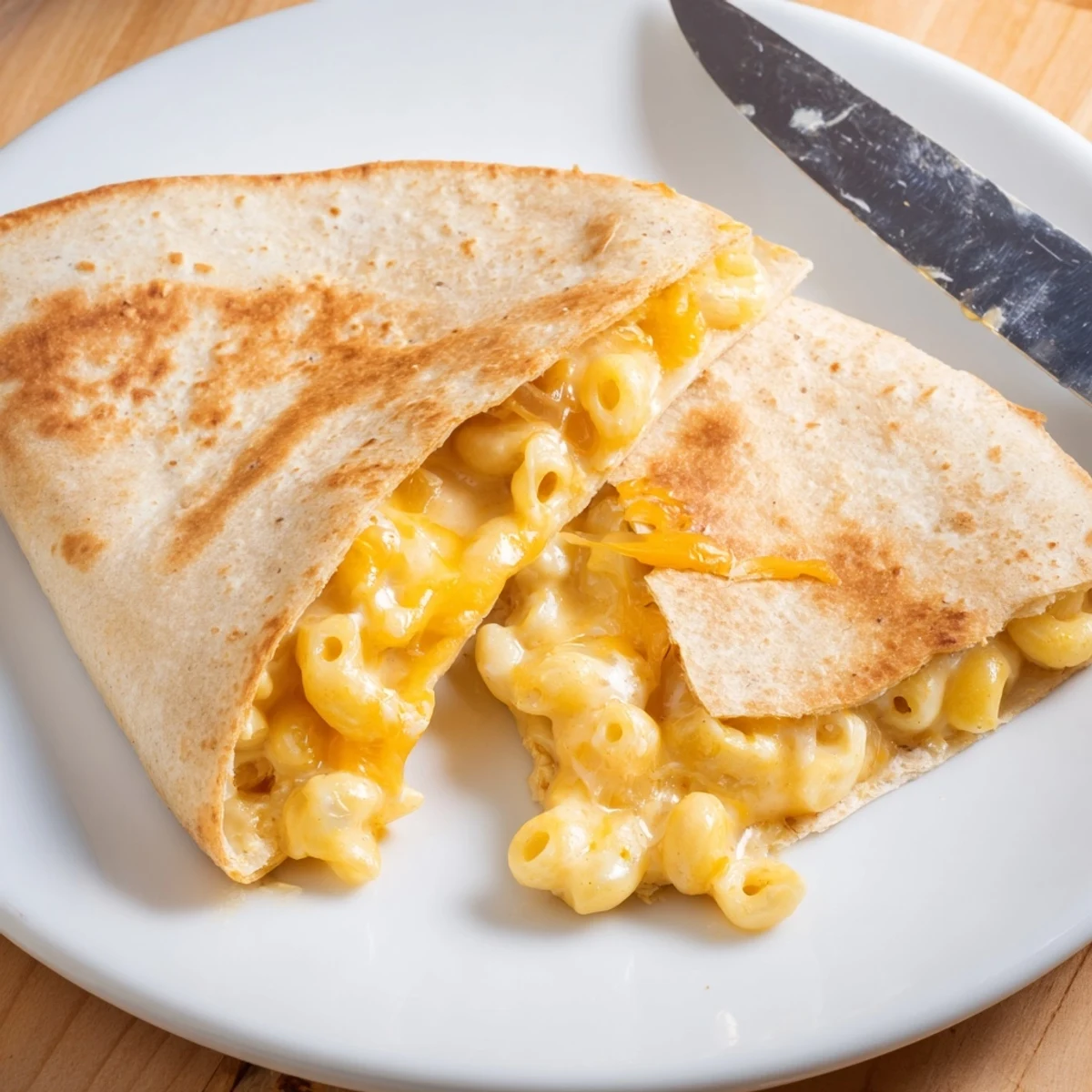 Crispy pan-fried quesadilla stuffed with homemade mac and cheese and Monterey Jack