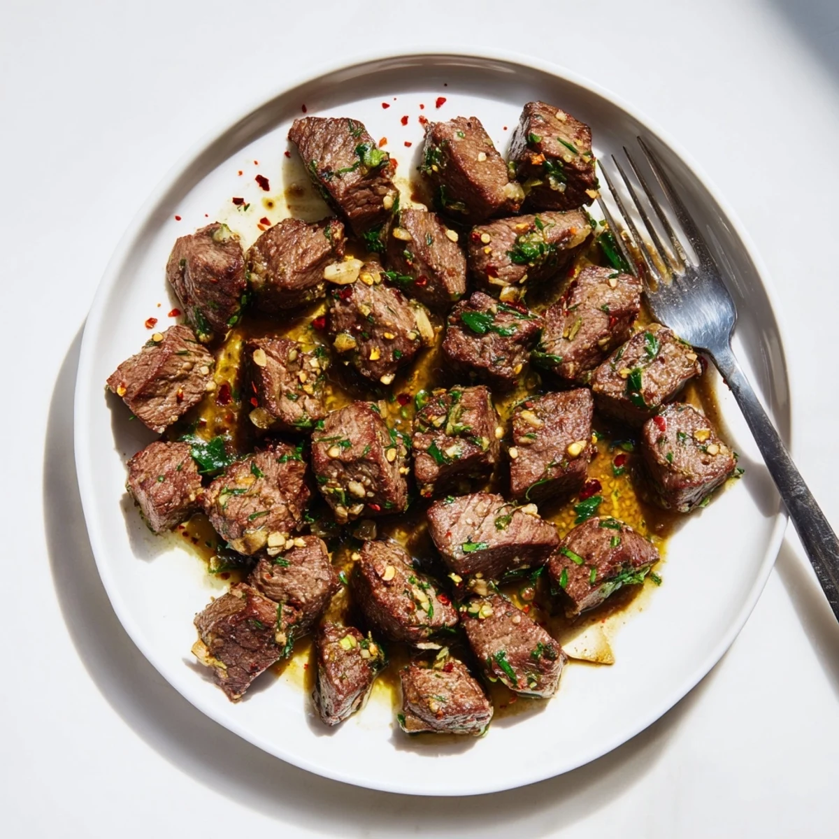 Golden seared cowboy butter steak bites coated in zesty garlic herb sauce with melted butter
