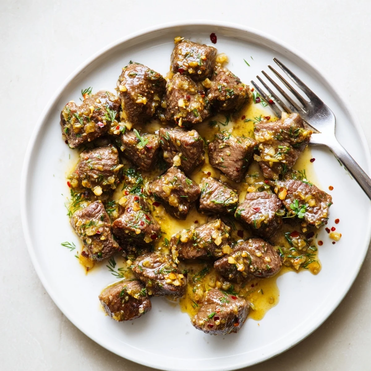 Tender pan-seared steak bites tossed in creamy cowboy butter sauce with fresh parsley and chives