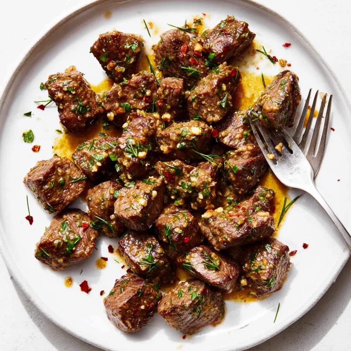Sizzling cowboy butter steak bites drizzled with spicy garlic butter sauce and garnished with herbs