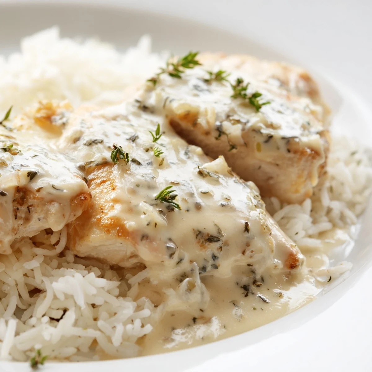 Golden seared chicken breasts nestled in rich Parmesan cream sauce over fluffy white rice