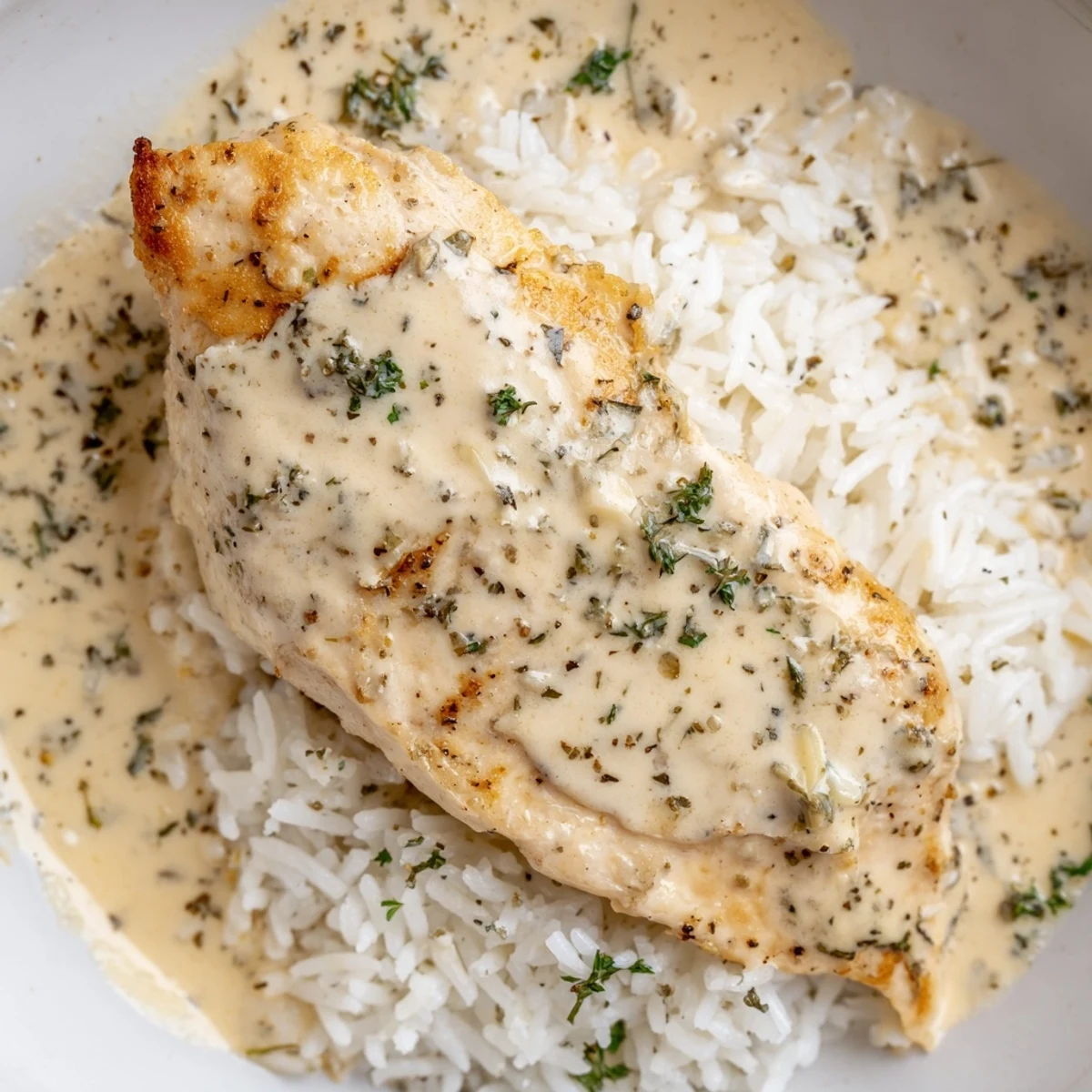 Creamy smothered chicken and rice dinner featuring juicy chicken topped with velvety white sauce