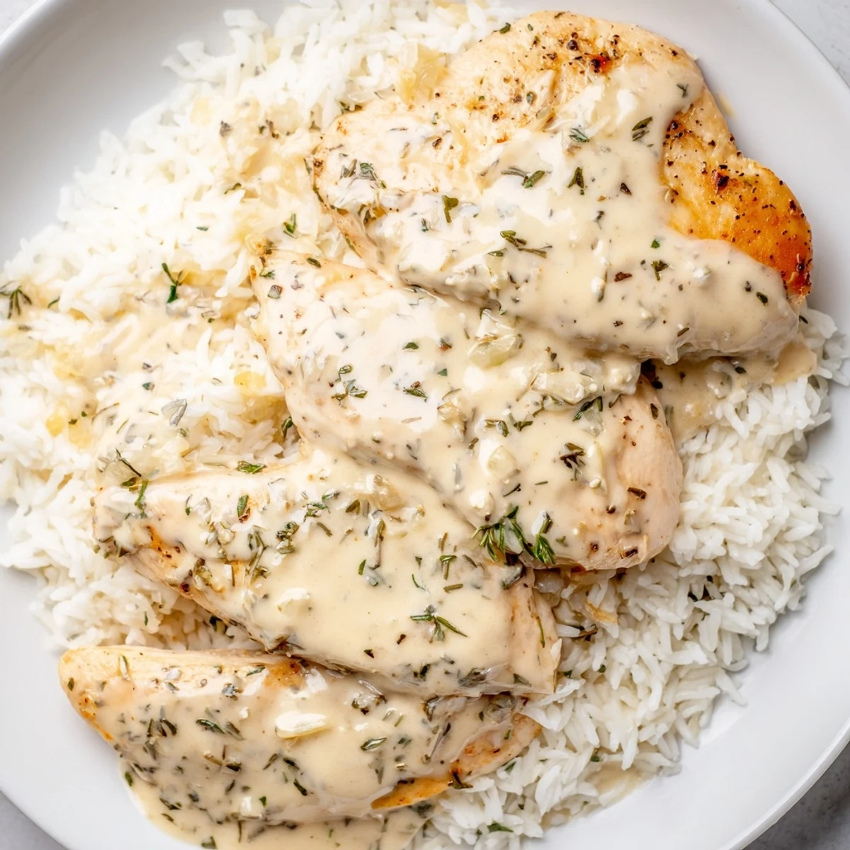 Tender smothered chicken and rice plated with thick savory mushroom sauce and fresh herbs
