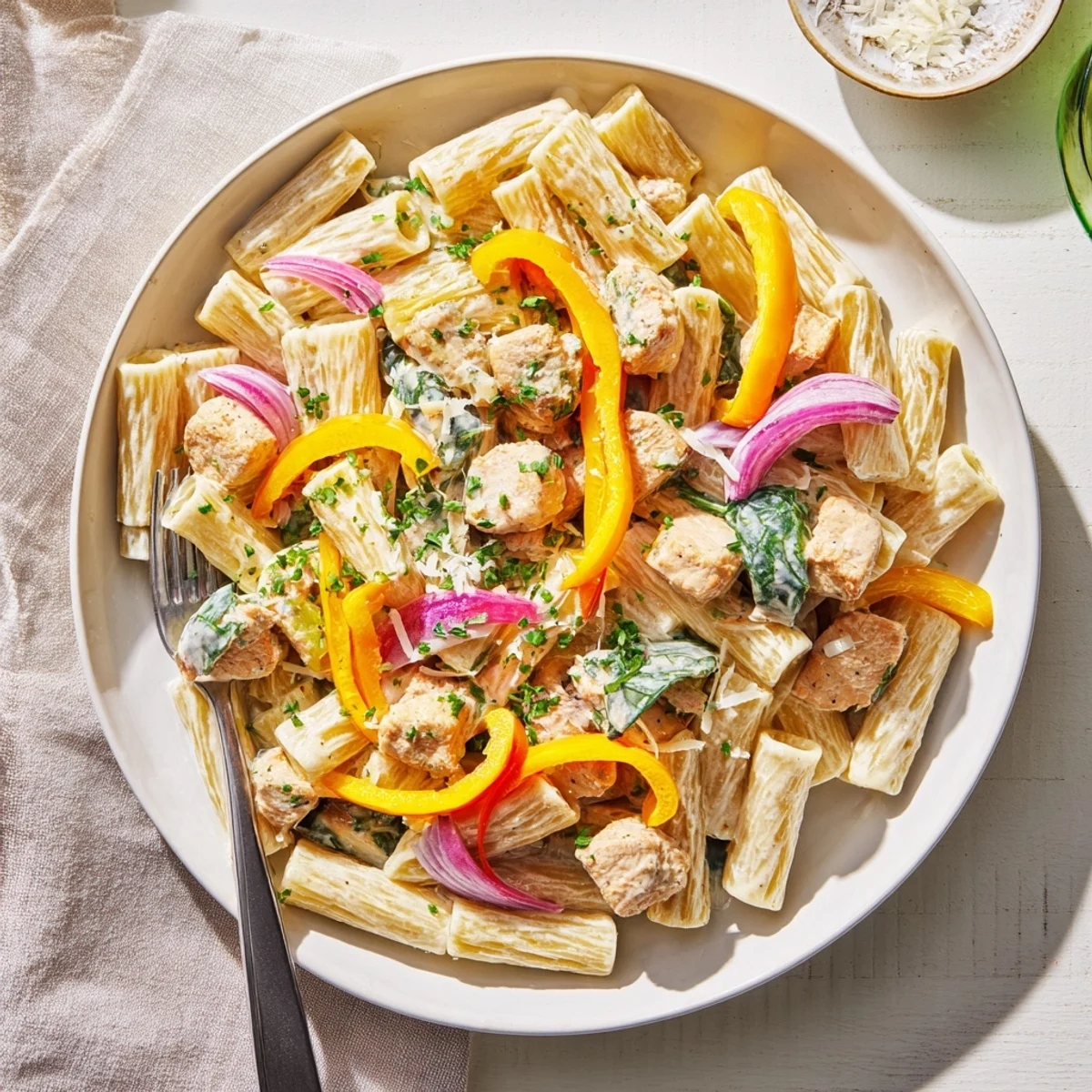 Creamy cowboy butter chicken pasta tossed with colorful bell peppers in a zesty herb sauce