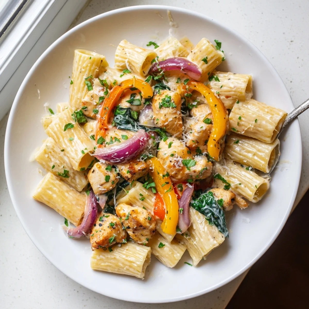 Golden chicken pieces and penne coated in rich cowboy butter sauce with wilted spinach