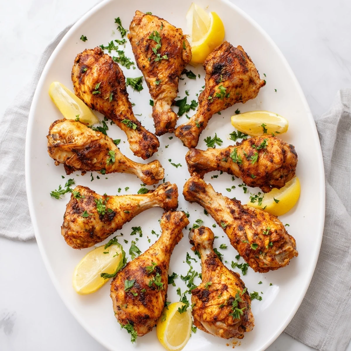 Golden oven baked chicken legs with crispy skin and fresh parsley garnish on a white baking sheet
