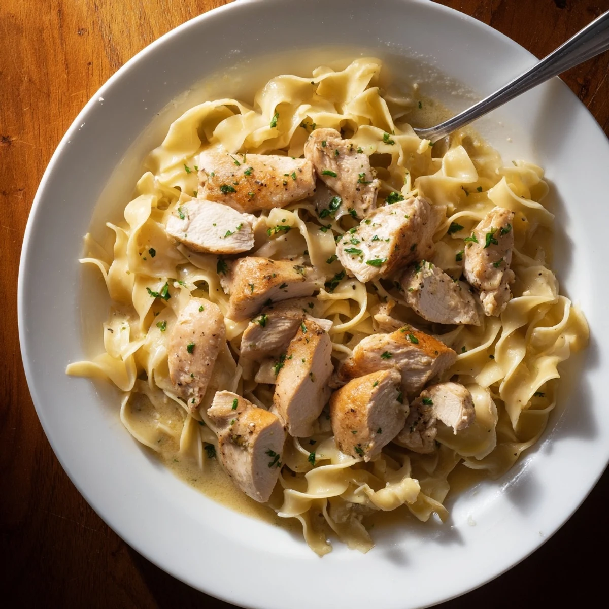 Golden seared chicken breasts resting over buttery egg noodles in a single skillet