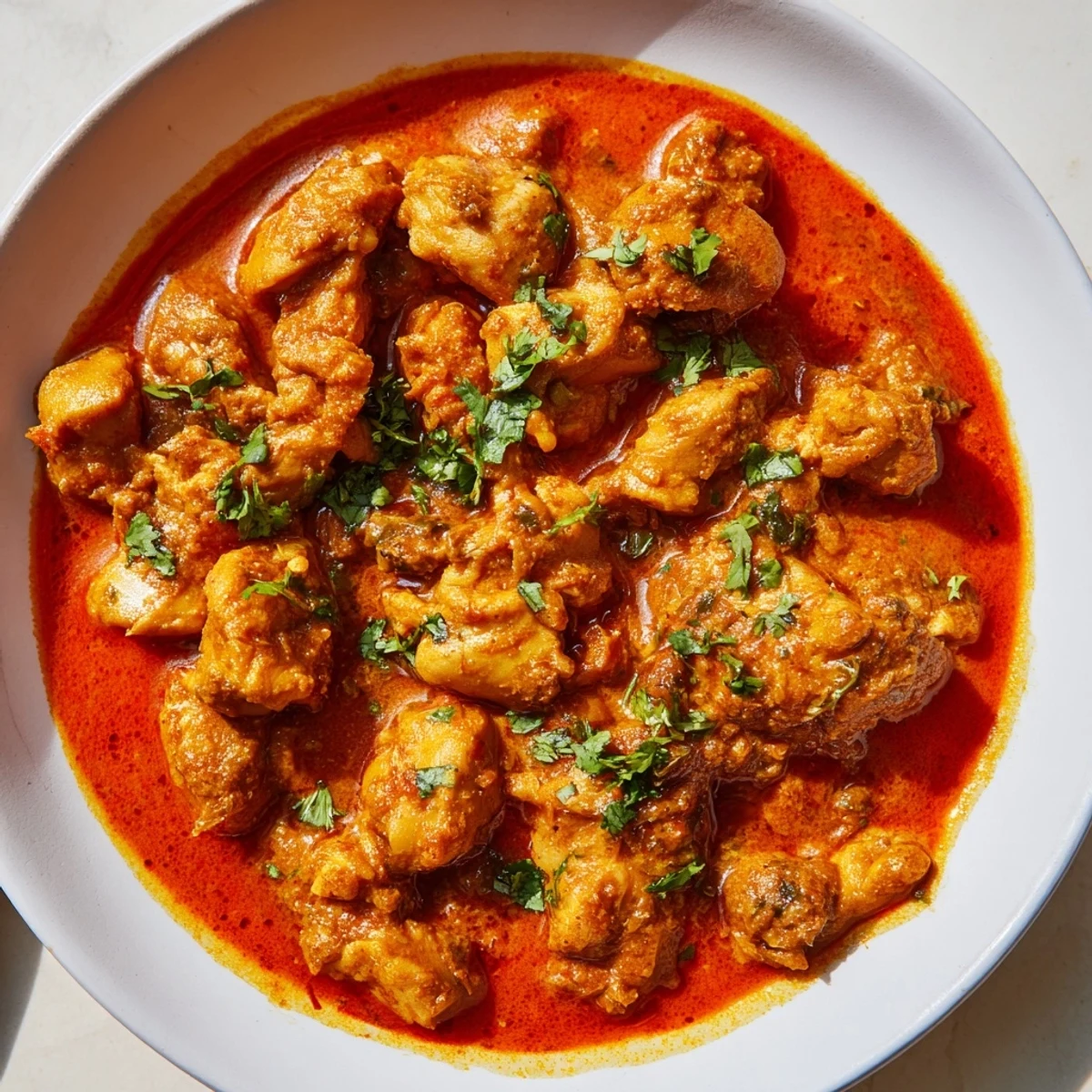 Tender chicken pieces swimming in rich orange curry sauce with naan bread