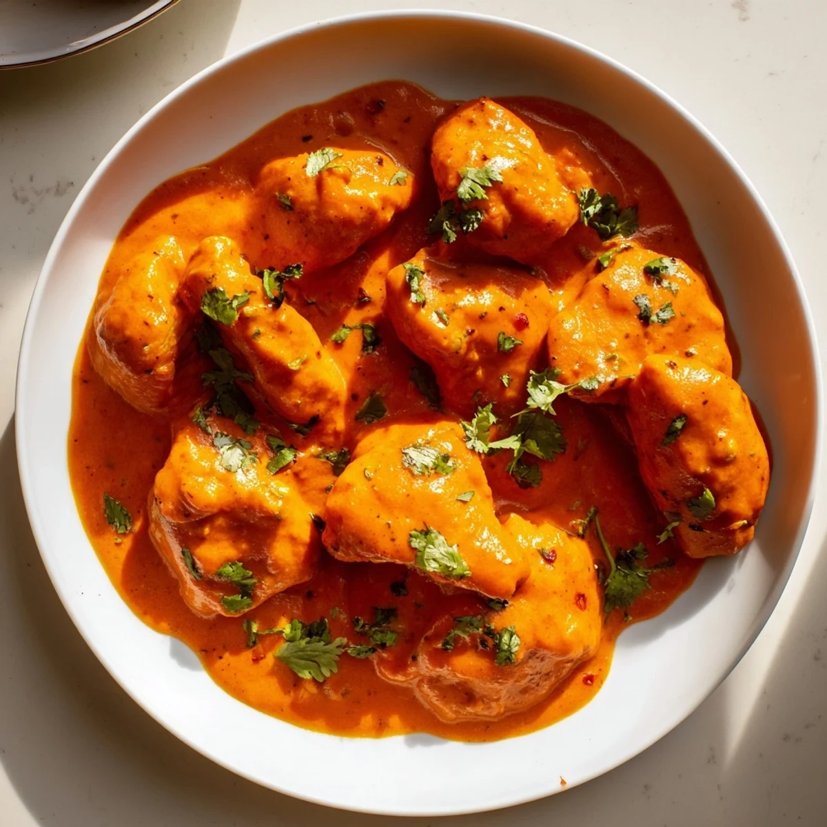 Golden butter chicken simmered in creamy tomato sauce garnished with fresh cilantro