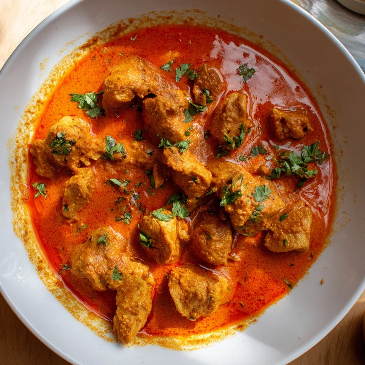 Creamy homemade butter chicken served over fluffy basmati rice with vibrant herbs