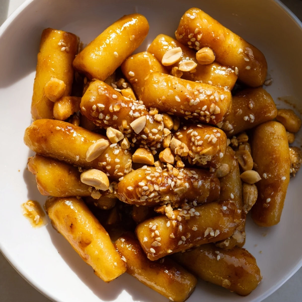 Golden Korean pan fried rice cakes coated in a glossy sweet butter glaze with sesame seeds
