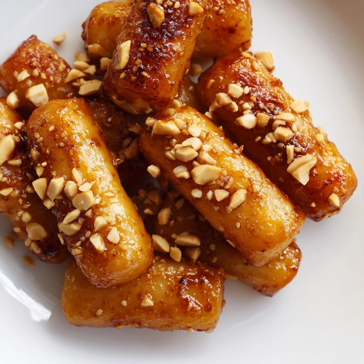 Plate of Korean rice cakes pan-fried to golden perfection and tossed in a sweet buttery glaze