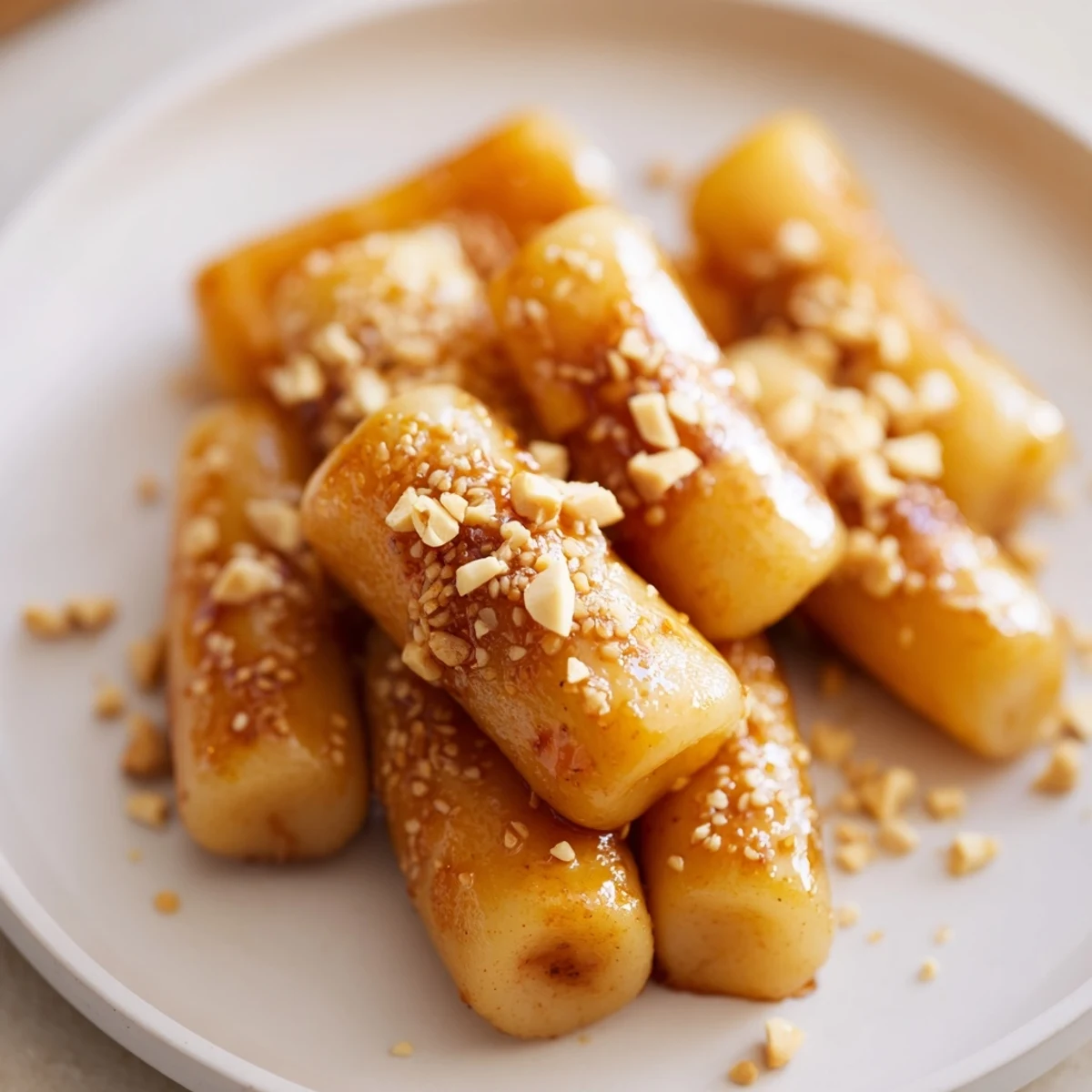 Chewy tteok rice cakes pan-fried until crispy then drizzled with a luscious honey butter sauce