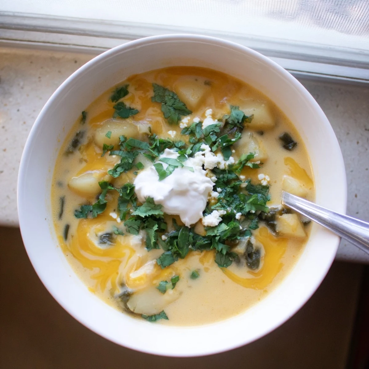Creamy Chile Relleno Soup topped with melted cheese, cilantro, and crispy tortilla strips