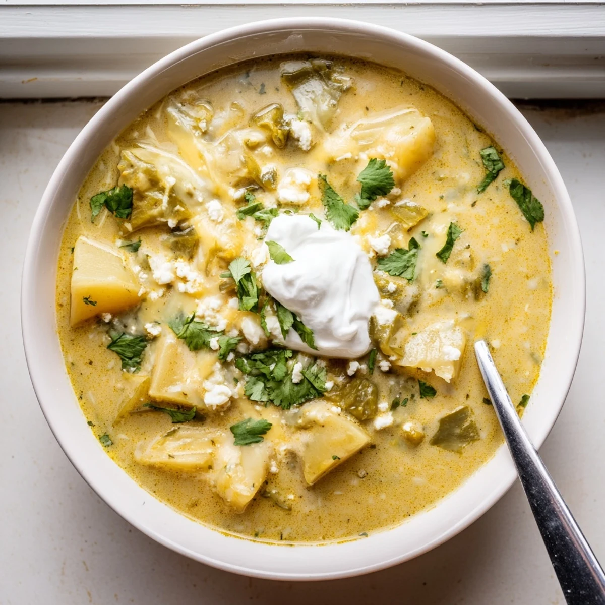 Comforting Chile Relleno Soup with garnish of fresh cilantro and crumbled queso fresco