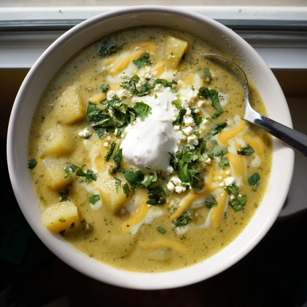 Bowl of Chile Relleno Soup featuring roasted poblanos in a rich, golden broth with shredded cheese