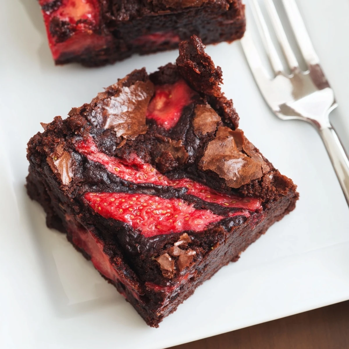 Fudgy strawberry brownies featuring marbled swirls of sweet strawberry puree throughout rich chocolate batter