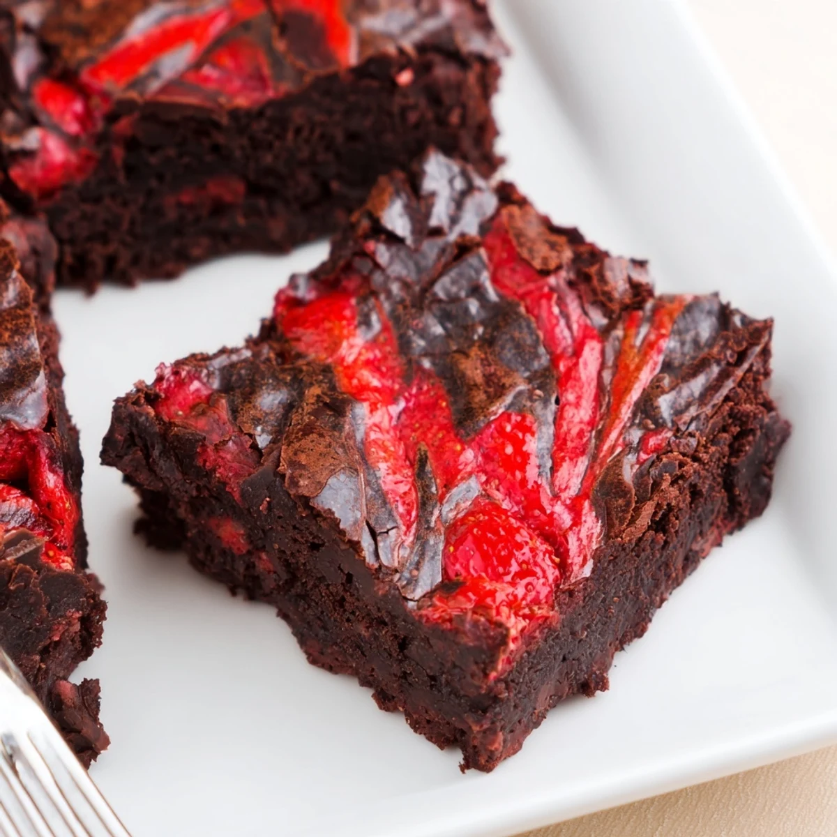Homemade strawberry brownies with vibrant red ribbons swirled into fudgy baked chocolate dessert squares